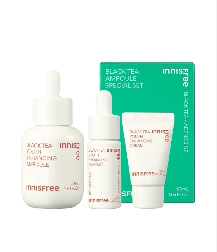 복합적인 피부고민과 지친 피부 컨디션을 빠르게 케어해주는 집중 안티에이징 항산화 앰플. 리셋 컨센트레이트, 히알루론산, 스쿠알란 함유되어 보습과 수분 동시에 충전. 피부톤, 광채, 윤기, 피부결, 탄력 개선되어 쫀쫀한 피부 완성. 피부과 테스트 하이포알러제닉테스트 완료하여 민감성 피부도 사용가능한 이니스프리 블랙티 유스 인핸싱 앰플 대용량 스페셜 기획 세트
