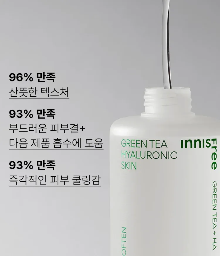 산뜻하고 촉촉한 피부결을 완성하는 수분 스킨 추천! 더블스퀴즈생녹차수와 5종 히알루론산이 함유된 포뮬러로 속부터 촉촉한 피부결을 완성하는 끈적임 없는 산뜻한 이니스프리 대표 스킨 그린티 히알루론산 스킨
