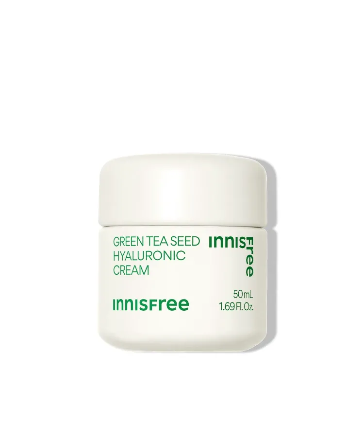 자극 받은 피부를 평온하게 진정, 수분-평정 크림 그린티와 5종 히알루론산의 만남으로 10초만에 흡수, 100시간 지속되는 수분 밸런스, 이니스프리 대표 수분크림 추천! 그린티 히알루론산 수분 크림