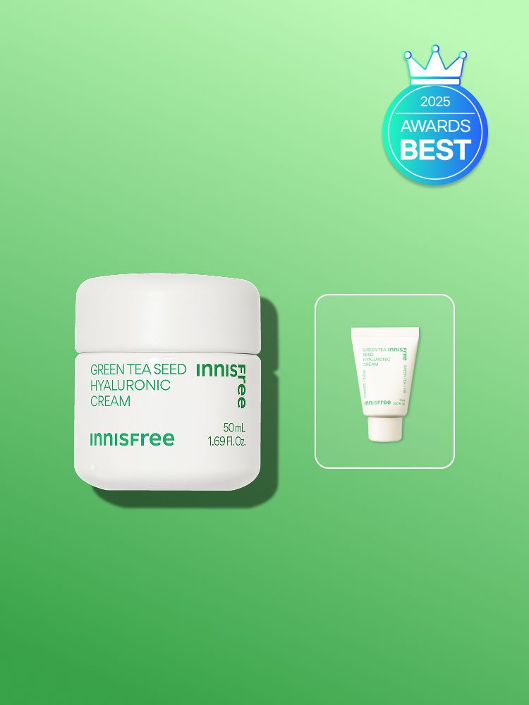 자극 받은 피부를 평온하게 진정, 수분-평정 크림 그린티와 5종 히알루론산의 만남으로 10초만에 흡수, 100시간 지속되는 수분 밸런스, 이니스프리 대표 수분크림 추천! 그린티 히알루론산 수분 크림