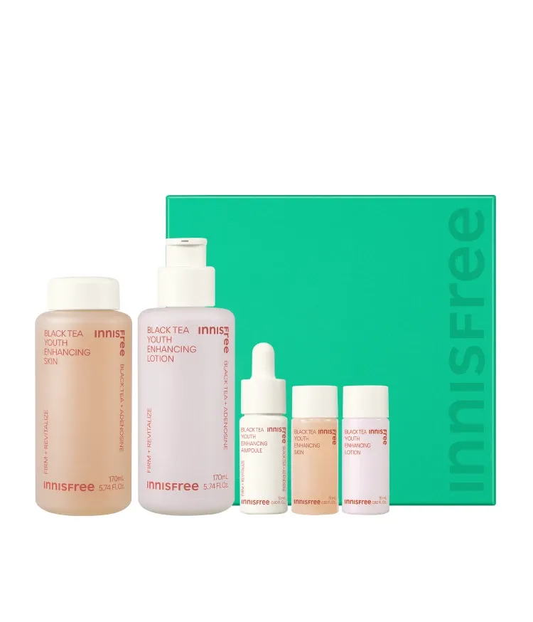 지친 피부 컨디션을 탄탄하고 촉촉한 피부로 컨디션을 올려 탄력,브라이트닝,수분,윤기 케어 효과의 안티에이징의 기본 바탕 완성! 블랙티 앰플의 유효성분을 담아 촉촉 탄탄 안티에이징 기초를 완성시켜주는 이니스프리 블랙티 유스 인핸싱 스킨케어 세트