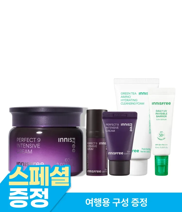 이니스프리 퍼펙트 9 인텐시브 크림은 제주 영주초 콤플렉스™의 9가지 유효 성분을 담아 복합적인 피부 노화 징후를 개선하는 주름·미백 2중 기능성 안티에이징 제품입니다. 부드럽게 녹아드는 농축 밤 타입 제형이 끈적임 없이 촉촉한 보습막을 형성하며, 피부과 테스트를 거친 저자극 포뮬러로 민감한 피부도 부담 없이 탄탄한 영양감을 완성합니다.