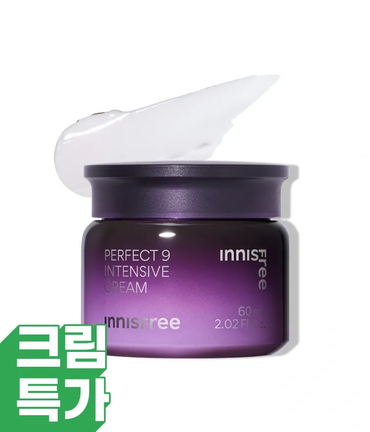 이니스프리 퍼펙트 9 인텐시브 크림은 제주 영주초 콤플렉스™의 9가지 유효 성분을 담아 복합적인 피부 노화 징후를 개선하는 주름·미백 2중 기능성 안티에이징 제품입니다. 부드럽게 녹아드는 농축 밤 타입 제형이 끈적임 없이 촉촉한 보습막을 형성하며, 피부과 테스트를 거친 저자극 포뮬러로 민감한 피부도 부담 없이 탄탄한 영양감을 완성합니다.