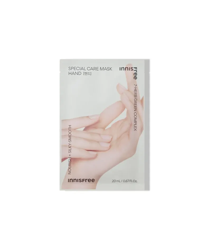 거칠어지고 건조한 손에 즉각적인 보습영양 케어, 이니스프리 스페셜 케어 핸드 마스크. 글러브 형태로 장갑처럼 쉽게! 식물유래 7가지 허브를 함유한 에센스가 매끄러운 손으로 가꿔주는 홈케어 마스크 팩