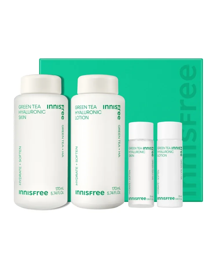 산뜻하고 촉촉한 피부결을 완성하는 수분 스킨과 번들거림 없이 촉촉함만 남기는수분로션을 함께! 속부터 촉촉하게, 부드럽고 매끄러운 유수분 밸런스를 한번에 해결하는 이니스프리 대표 수분 기초세트, 그린티 히알루론산 스킨케어 2종 세트