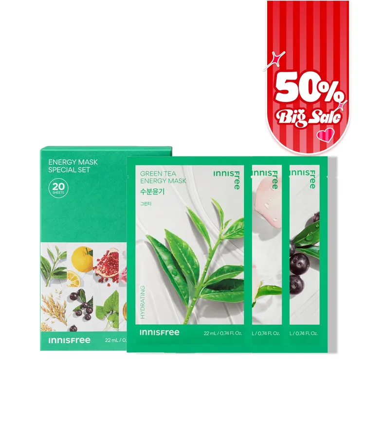 콜드브루 저온 추출 공볍으로 원료의 생생함을 그대로 담은 다양한 피부고민 맞춤 솔루션! 이니스프리 저자극 데일리 시트 마스크 세트. 에센스를 가득 머금은 밀착 비건 시트와 피부 컨디션에 따라 골라쓰는 3가지 타입의 20매 구성 마스크팩 스페셜 세트. 즉각적인 수분 공급 및 진정, 생기와 윤기를 부여하는 이니스프리 대표 데일리 시트마스크 구성