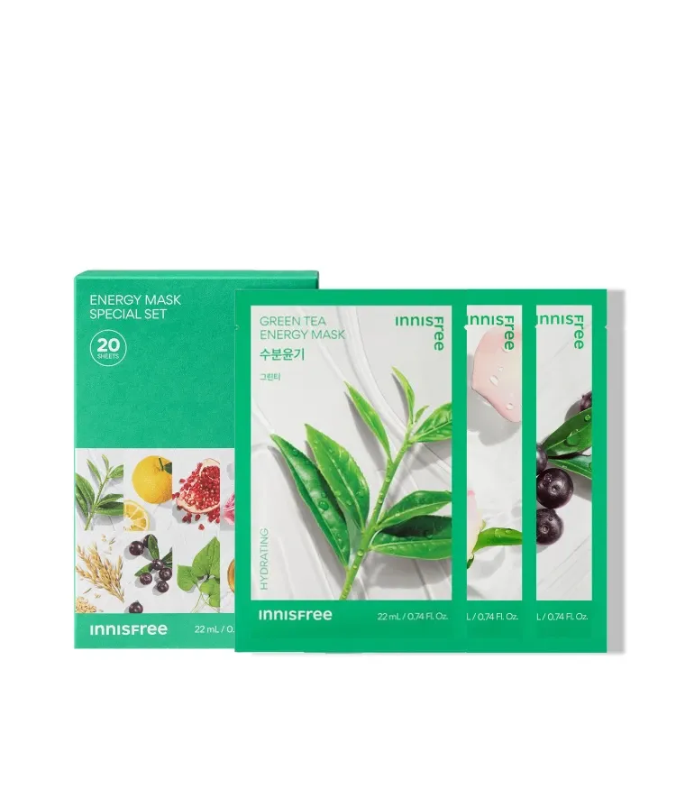 콜드브루 저온 추출 공볍으로 원료의 생생함을 그대로 담은 다양한 피부고민 맞춤 솔루션! 이니스프리 저자극 데일리 시트 마스크 세트. 에센스를 가득 머금은 밀착 비건 시트와 피부 컨디션에 따라 골라쓰는 3가지 타입의 20매 구성 마스크팩 스페셜 세트. 즉각적인 수분 공급 및 진정, 생기와 윤기를 부여하는 이니스프리 대표 데일리 시트마스크 구성