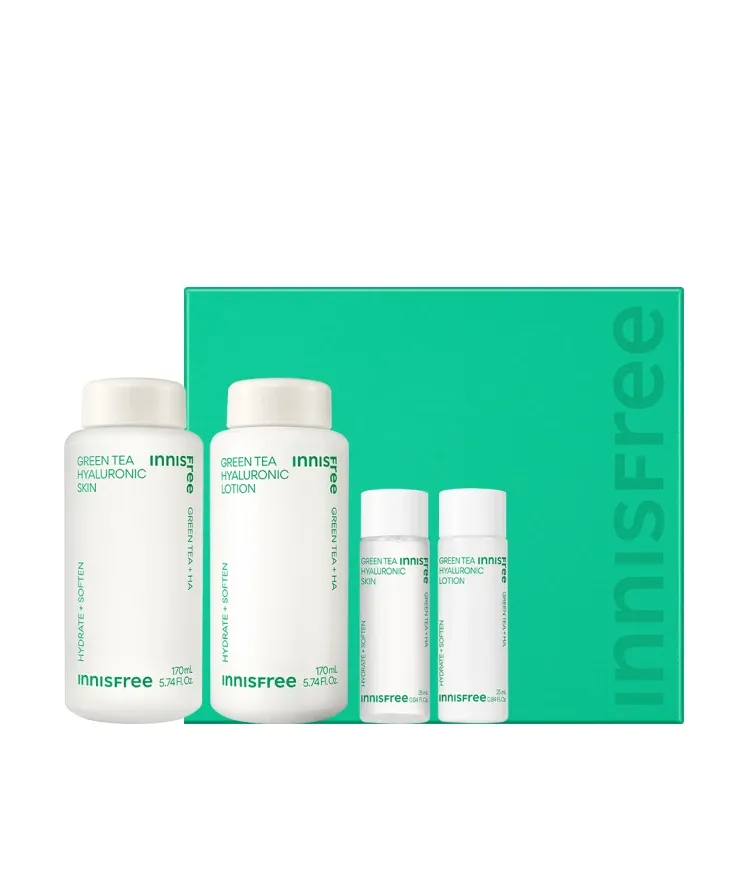 산뜻하고 촉촉한 피부결을 완성하는 수분 스킨과 번들거림 없이 촉촉함만 남기는수분로션을 함께! 속부터 촉촉하게, 부드럽고 매끄러운 유수분 밸런스를 한번에 해결하는 이니스프리 대표 수분 기초세트, 그린티 히알루론산 스킨케어 2종 세트