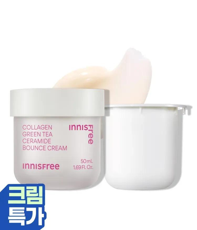 이니스프리 콜라겐 그린티 세라마이드 탄력장벽 크림은 청각 유래 유사 콜라겐과 녹차 유래 세라마이드 리포좀 포뮬러로 속탄력·장벽 케어를 돕습니다. 손상 피부 장벽 73.8% 개선과 피부 속 탄력장벽 18% 강화 수치를 바탕으로 주름·미백 2중 기능성을 구현하였습니다. 피부과·하이포알러지 테스트를 완료한 저자극 포뮬러입니다.