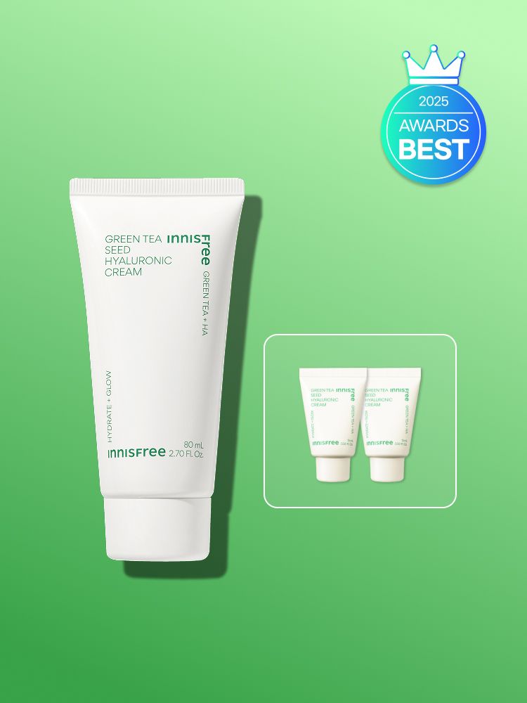 자극 받은 피부를 평온하게 진정, 수분-평정 크림 그린티와 5종 히알루론산의 만남으로 10초만에 흡수, 100시간 지속되는 수분 밸런스, 이니스프리 대표 수분크림 추천! 그린티 히알루론산 수분 크림