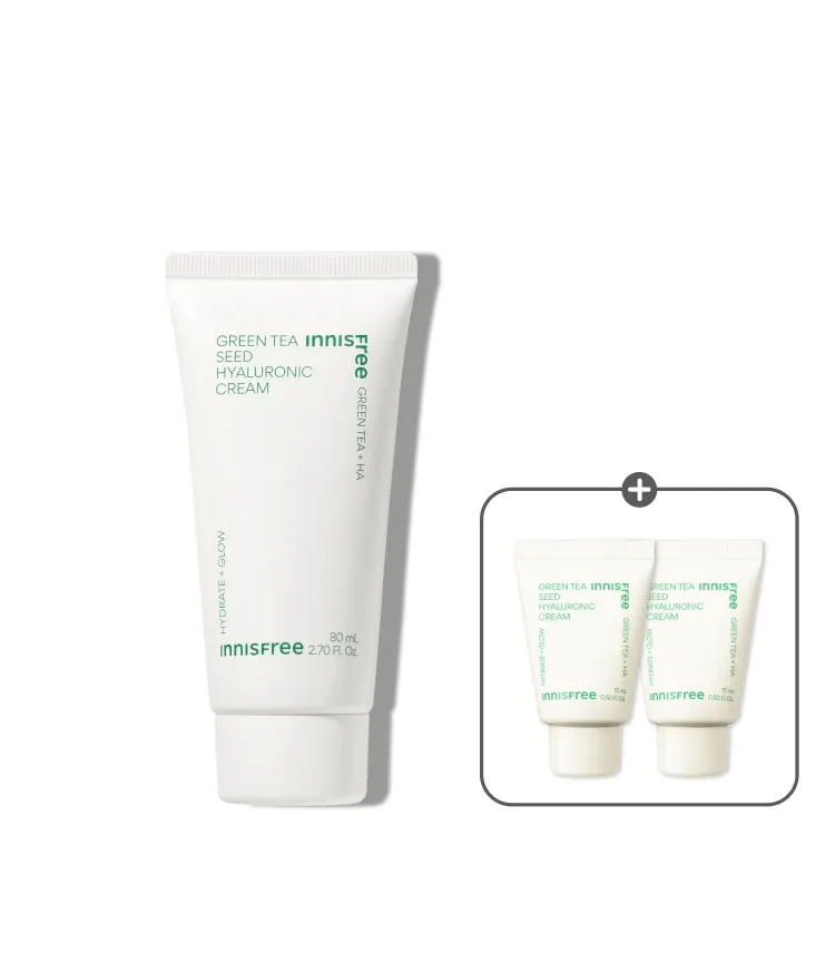 자극 받은 피부를 평온하게 진정, 수분-평정 크림 그린티와 5종 히알루론산의 만남으로 10초만에 흡수, 100시간 지속되는 수분 밸런스, 이니스프리 대표 수분크림 추천! 그린티 히알루론산 수분 크림