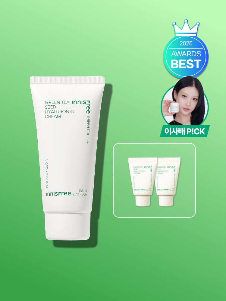 자극 받은 피부를 평온하게 진정, 수분-평정 크림 그린티와 5종 히알루론산의 만남으로 10초만에 흡수, 100시간 지속되는 수분 밸런스, 이니스프리 대표 수분크림 추천! 그린티 히알루론산 수분 크림