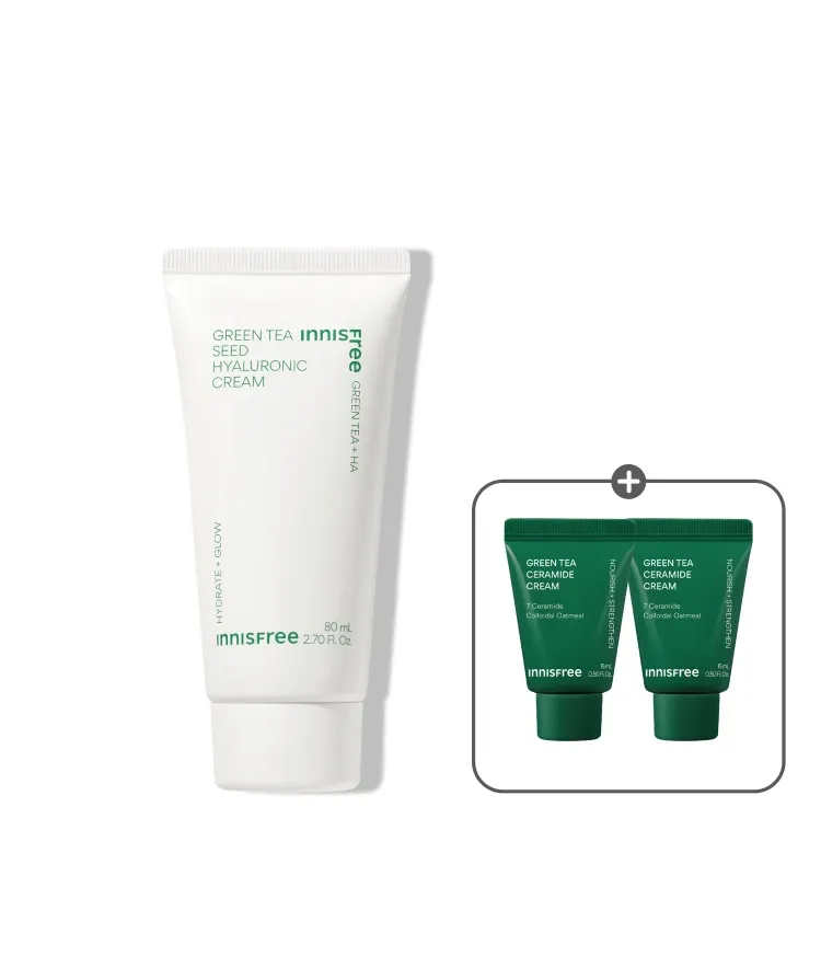 자극 받은 피부를 평온하게 진정, 수분-평정 크림 그린티와 5종 히알루론산의 만남으로 10초만에 흡수, 100시간 지속되는 수분 밸런스, 이니스프리 대표 수분크림 추천! 그린티 히알루론산 수분 크림