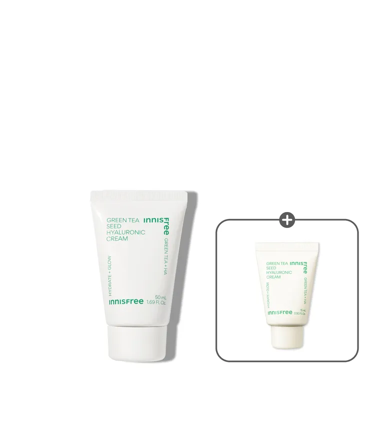 자극 받은 피부를 평온하게 진정, 수분-평정 크림 그린티와 5종 히알루론산의 만남으로 10초만에 흡수, 100시간 지속되는 수분 밸런스, 이니스프리 대표 수분크림 추천! 그린티 히알루론산 수분 크림