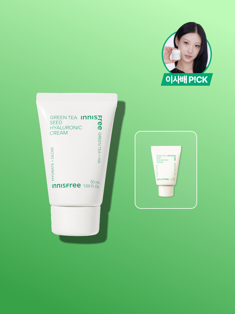 자극 받은 피부를 평온하게 진정, 수분-평정 크림 그린티와 5종 히알루론산의 만남으로 10초만에 흡수, 100시간 지속되는 수분 밸런스, 이니스프리 대표 수분크림 추천! 그린티 히알루론산 수분 크림