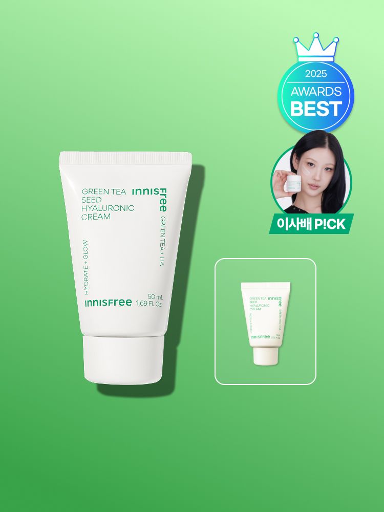 자극 받은 피부를 평온하게 진정, 수분-평정 크림 그린티와 5종 히알루론산의 만남으로 10초만에 흡수, 100시간 지속되는 수분 밸런스, 이니스프리 대표 수분크림 추천! 그린티 히알루론산 수분 크림