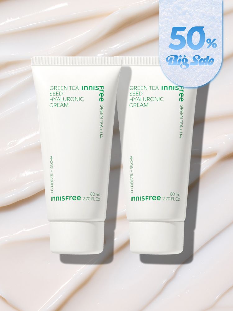 자극 받은 피부를 평온하게 진정, 수분-평정 크림 그린티와 5종 히알루론산의 만남으로 10초만에 흡수, 100시간 지속되는 수분 밸런스, 이니스프리 대표 수분크림 추천! 그린티 히알루론산 수분 크림