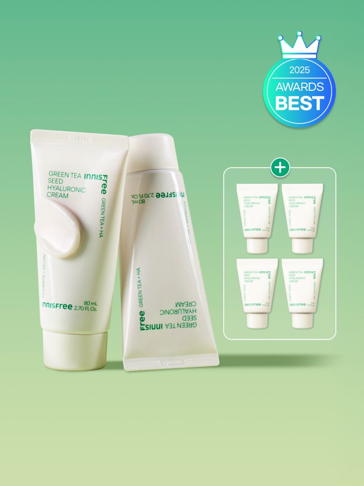 자극 받은 피부를 평온하게 진정, 수분-평정 크림 그린티와 5종 히알루론산의 만남으로 10초만에 흡수, 100시간 지속되는 수분 밸런스, 이니스프리 대표 수분크림 추천! 그린티 히알루론산 수분 크림