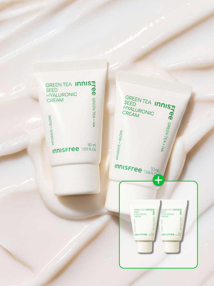 자극 받은 피부를 평온하게 진정, 수분-평정 크림 그린티와 5종 히알루론산의 만남으로 10초만에 흡수, 100시간 지속되는 수분 밸런스, 이니스프리 대표 수분크림 추천! 그린티 히알루론산 수분 크림