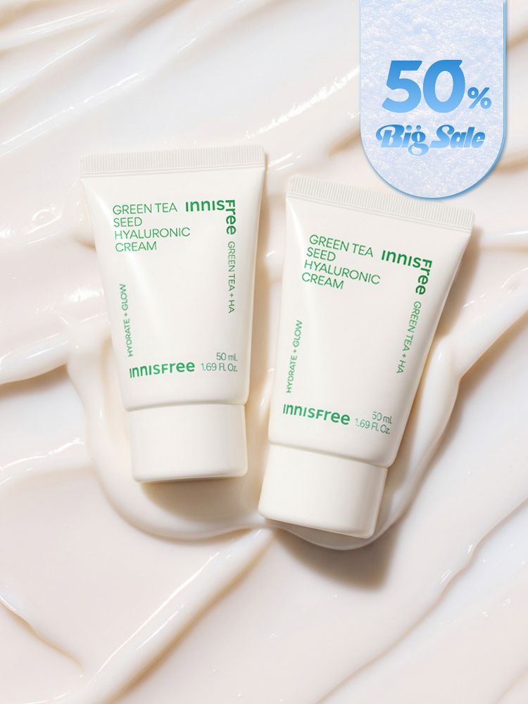 자극 받은 피부를 평온하게 진정, 수분-평정 크림 그린티와 5종 히알루론산의 만남으로 10초만에 흡수, 100시간 지속되는 수분 밸런스, 이니스프리 대표 수분크림 추천! 그린티 히알루론산 수분 크림