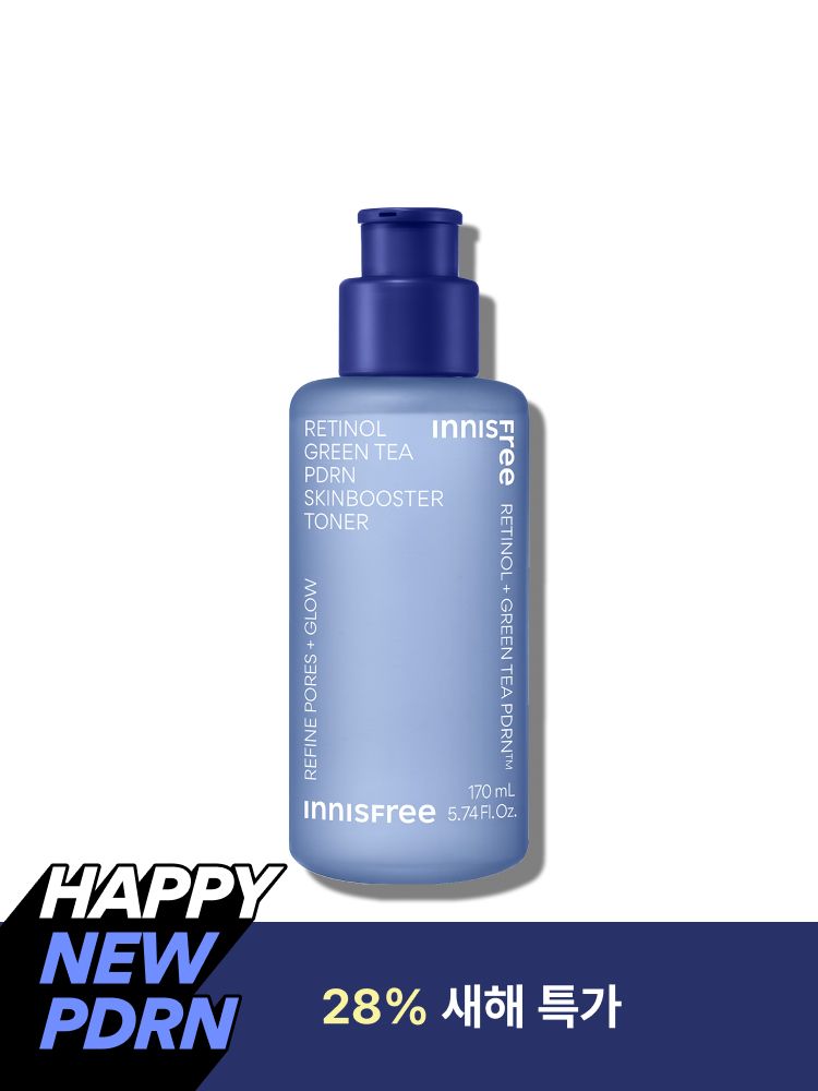 첫 단계부터 만드는 매끈광 피부결. 스킨케어 첫 단계부터 남다른 속광으로 매끈 광채 부스팅해주는 토너! 순수 레티놀과 그린티 PDRN™의 강력한 시너지로 겉과 속을 동시에 채우는 이니스프리 레티놀 PDRN 스킨부스터 토너, 탄력과 주름 개선, 보습까지 동시에 잡는 집중케어!
