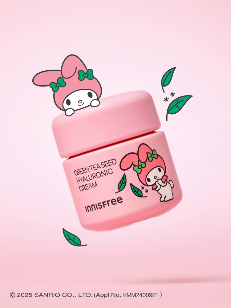 자극 받은 피부를 평온하게 진정, 수분-평정 크림 그린티와 5종 히알루론산의 만남으로 10초만에 흡수, 100시간 지속되는 수분 밸런스, 이니스프리 대표 수분크림 추천! 그린티 히알루론산 수분 크림 마이멜로디 에디션