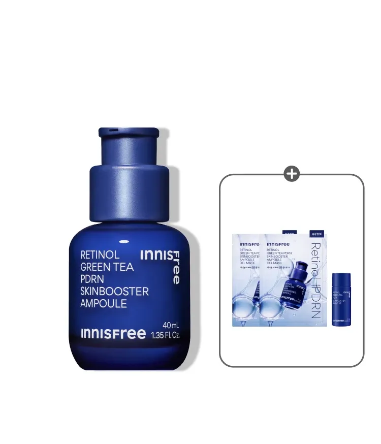 3중 레티놀 콤플렉스™와 그린티 PDRN™ 포뮬러로 한번에 매끈한 모공결 & 촘촘한 피부광 케어하는 듀얼스킨부스터 앰플! 피부과 테스트, 논코메도제닉 테스트 완료하여 민감 피부도 매일매일 모공, 속광 관리 가능! 이니스프리 레티놀 PDRN 스킨부스터 앰플 대용량