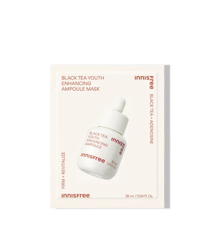 피부결, 탄력, 보습 3중 케어로 푹 자고 난 듯한 광채 피부! 블랙티 앰플 한 병을 마스크 한 장에 담은 고농축 쫀쫀 시트로 집중 케어가 가능한 이니스프리 탄력수분 마스크