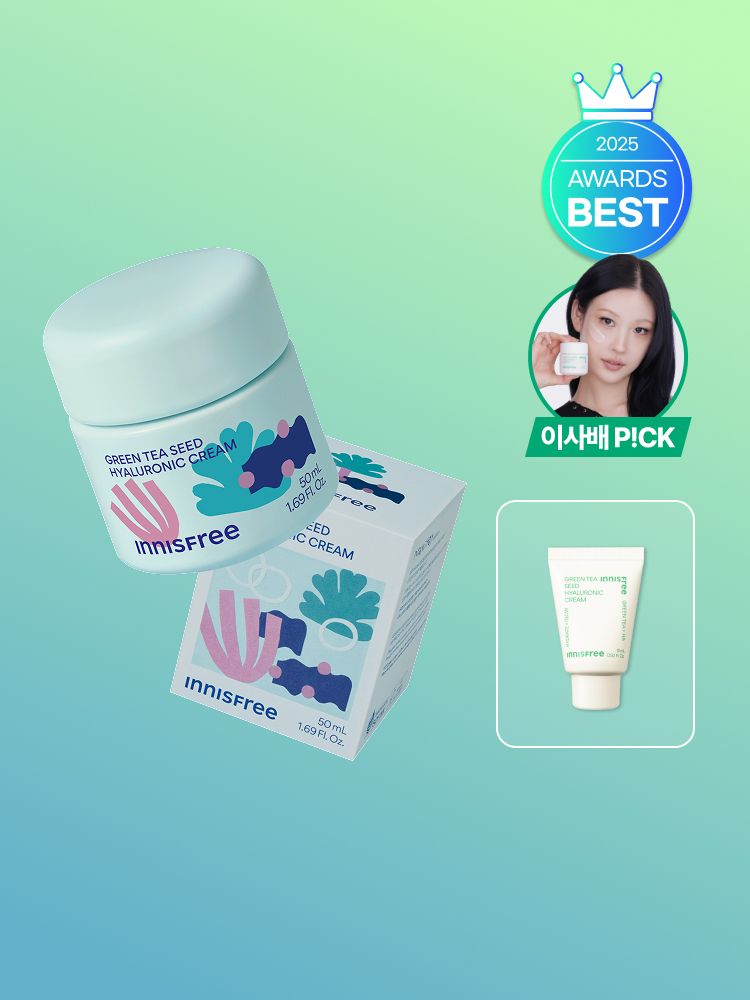 자극 받은 피부를 평온하게 진정, 수분-평정 크림 그린티와 5종 히알루론산의 만남으로 10초만에 흡수, 100시간 지속되는 수분 밸런스, 이니스프리 대표 수분크림 추천! 그린티 히알루론산 수분 크림 마키토이 에디션