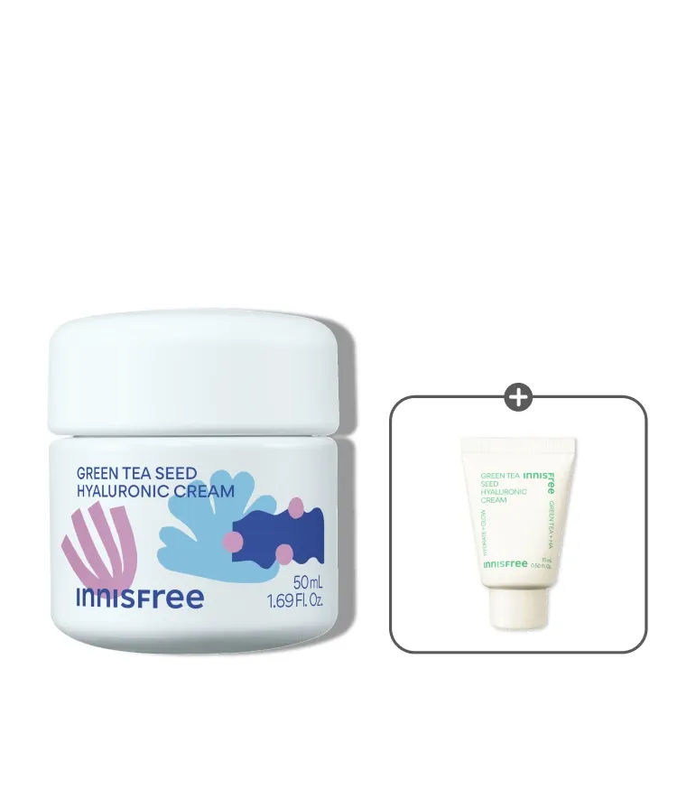 자극 받은 피부를 평온하게 진정, 수분-평정 크림 그린티와 5종 히알루론산의 만남으로 10초만에 흡수, 100시간 지속되는 수분 밸런스, 이니스프리 대표 수분크림 추천! 그린티 히알루론산 수분 크림 마키토이 에디션