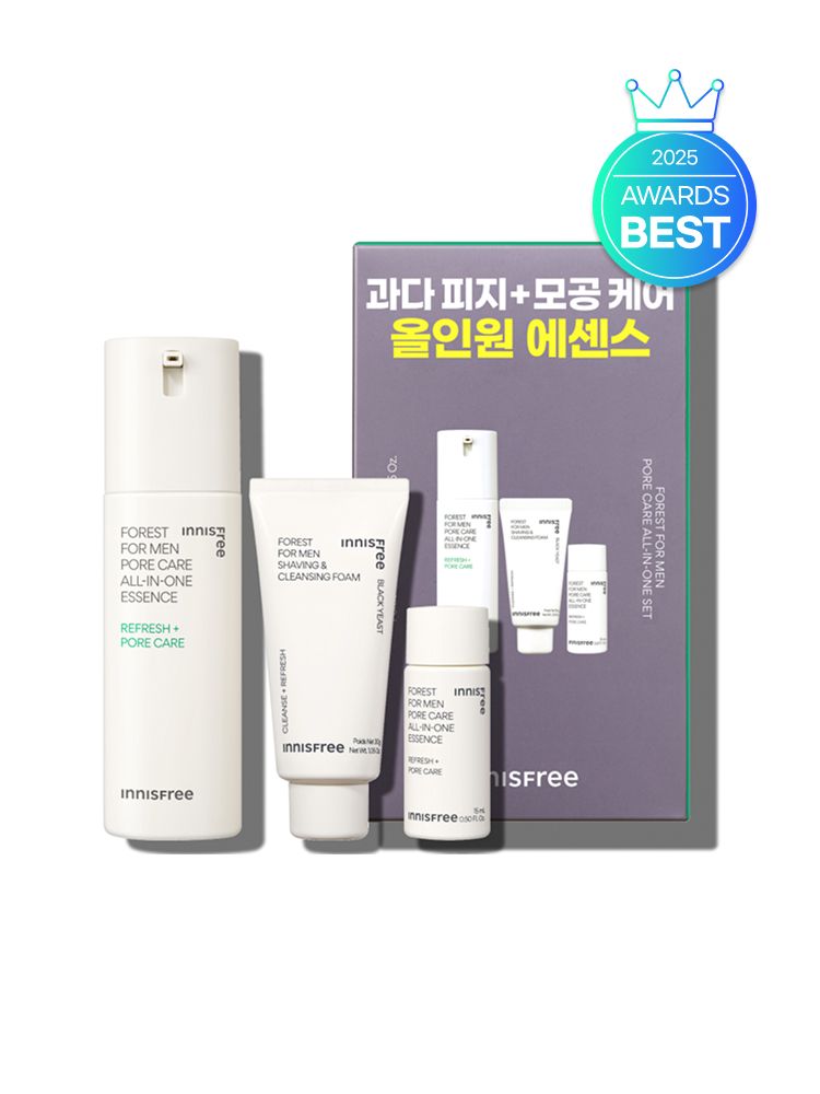간편함을 선호하는 남성 피부에 최적화된 스킨케어 제품. 피지 케어부터 수분 공급까지 한 번에 해결하는 남성 전용 올인원 세트! 민감성 피부도 안심하고 쓰는 촉촉하고 산뜻한 마무리감이 매력적인 이니스프리 포레스트 포어 올인원 에센스 기획 세트