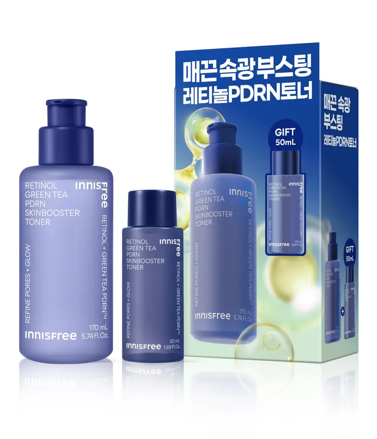 첫 단계부터 만드는 매끈광 피부결. 스킨케어 첫 단계부터 남다른 속광으로 매끈 광채 부스팅해주는 토너! 순수 레티놀과 그린티 PDRN™의 강력한 시너지로 겉과 속을 동시에 채우는 이니스프리 레티놀 PDRN 스킨부스터 토너 세트, 탄력과 주름 개선, 보습까지 동시에 잡는 집중케어!