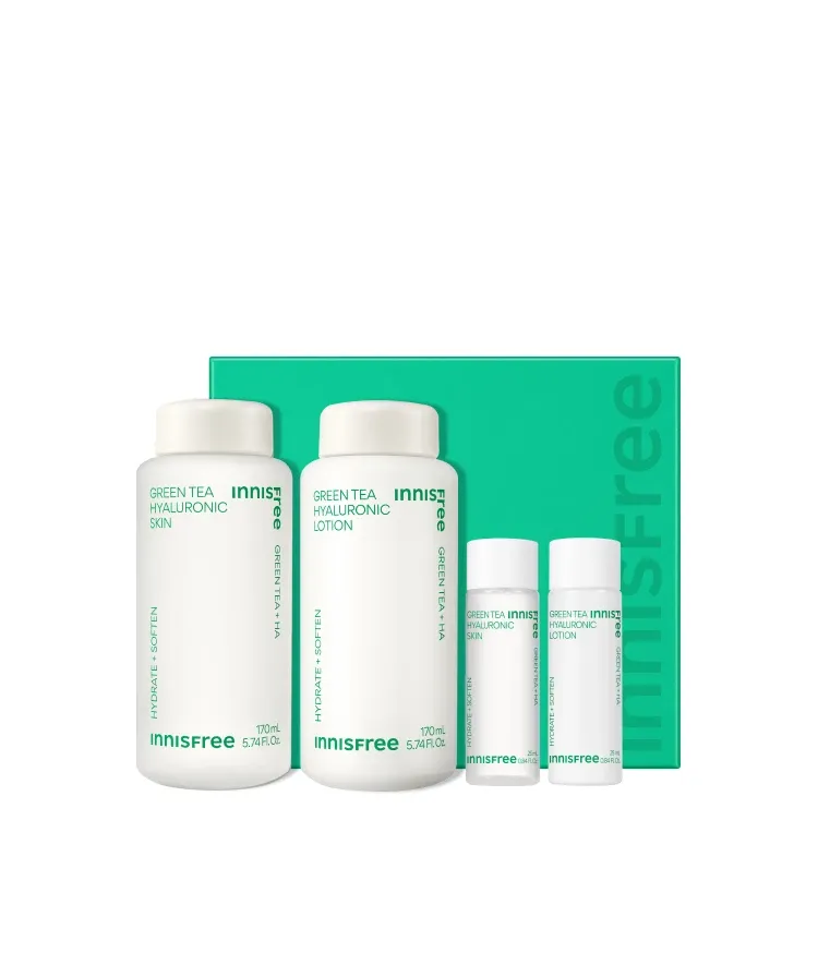산뜻하고 촉촉한 피부결을 완성하는 수분 스킨과 번들거림 없이 촉촉함만 남기는수분로션을 함께! 속부터 촉촉하게, 부드럽고 매끄러운 유수분 밸런스를 한번에 해결하는 이니스프리 대표 수분 기초세트, 그린티 히알루론산 스킨케어 2종 세트