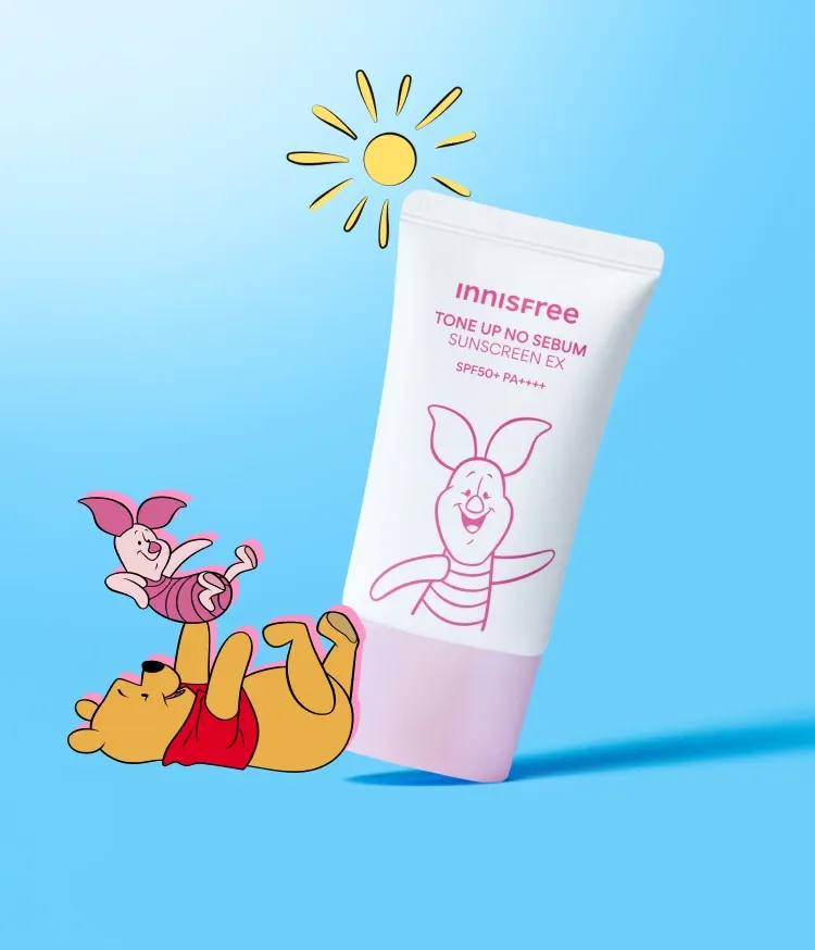 메이크업 베이스 겸용 24시간 보송하게 마무리되는 피지 컨트롤 포뮬러. 민감한 피부도 OK! 무기자차 베이스로 자극 없이 산뜻한 외출 전 필수 이니스프리 톤업 선크림 곰돌이푸 에디션