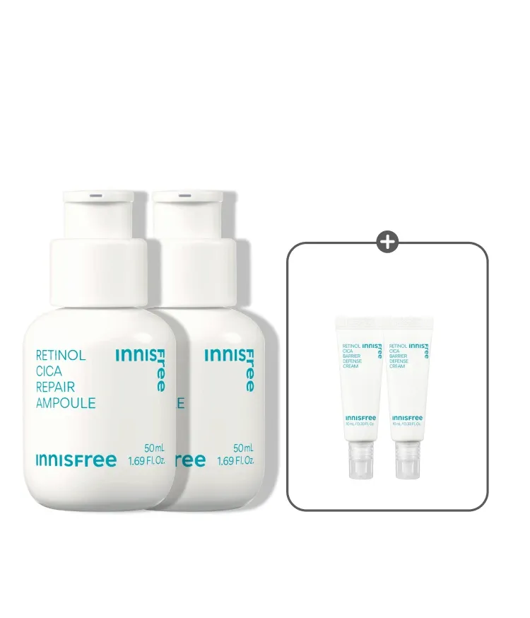 이니스프리 레티놀 시카 앰플 기획 세트는 순도 95% 순수 레티놀·제주 시카 콤플렉스™·나이아신아마이드 2%로 모공 흔적·색소침착을 맑게 케어하는 주름개선·미백 2중 기능성 앰플입니다. 4주 사용 후 모공 부피 27.8%·블랙헤드·화이트헤드 23.6% 감소를 입증했습니다. 민감피부자극반응도 0.0 저자극 포뮬러로 매일 고효능 케어를 선사합니다.