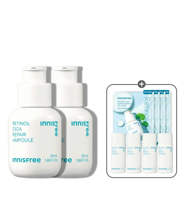 모공 흔적은 깨끗하게, 색소 흔적은 옅어지게! 모공&흔적을 개선하여 깨끗하고 매끄러워진 깐달걀 피부결로 가꿔주는 저자극 이니스프리 레티놀 시카 흔적 앰플 대용량 더블 구성