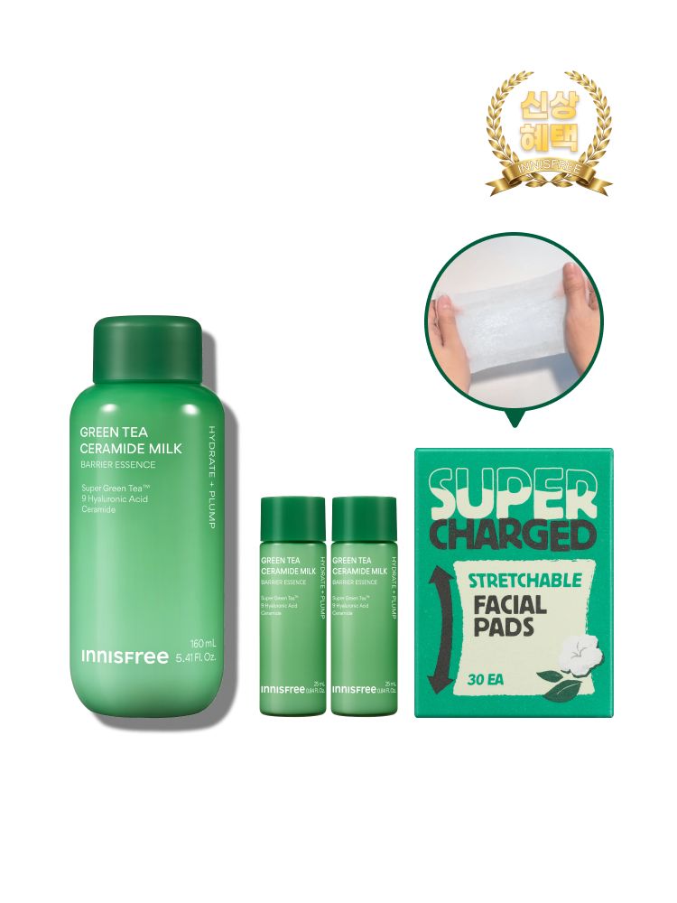 슈퍼 그린티™와 그린티 세라마이드가 함유된 포뮬러로 3초면 강력 속보습 완성. 피부 장벽 개선은 물론 메이크업 밀착력도 UP 시켜주는 신개념 밀크 텍스쳐, 토너팩으로도 추천! 민감성 피부도 사용 가능한 저자극 에센스, 이니스프리 신제품 그린티 밀크 보습 에센스