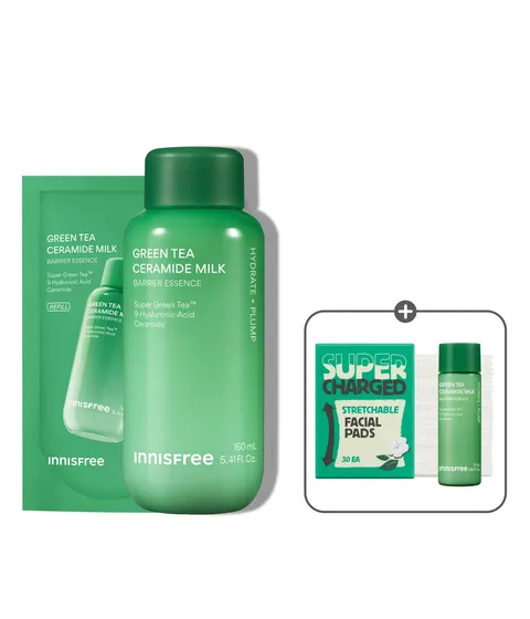 슈퍼 그린티™와 그린티 세라마이드가 함유된 포뮬러로 3초면 강력 속보습 완성. 피부 장벽 개선은 물론 메이크업 밀착력도 UP 시켜주는 신개념 밀크 텍스쳐, 토너팩으로도 추천! 민감성 피부도 사용 가능한 저자극 에센스, 이니스프리 신제품 그린티 밀크 보습 에센스