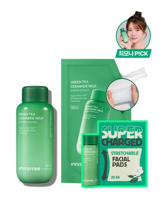 [160+160mL] 그린티 밀크 보습 에센스 + 리필+ 늘려쓰는 화장솜 증정