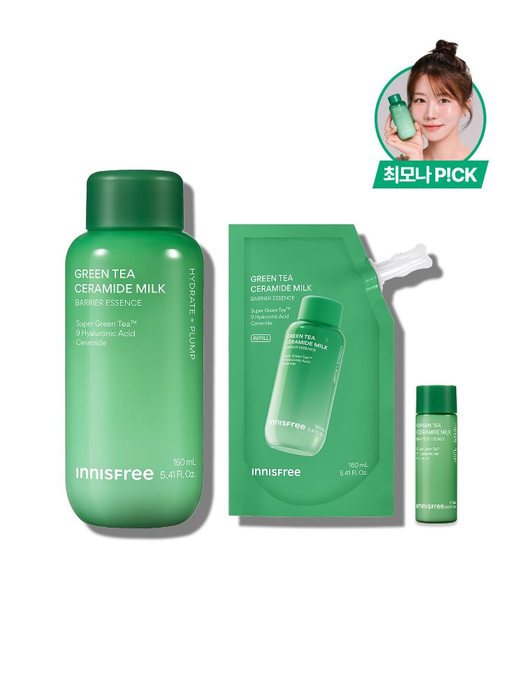 슈퍼 그린티™와 그린티 세라마이드가 함유된 포뮬러로 3초면 강력 속보습 완성. 피부 장벽 개선은 물론 메이크업 밀착력도 UP 시켜주는 신개념 밀크 텍스쳐, 토너팩으로도 추천! 민감성 피부도 사용 가능한 저자극 에센스, 이니스프리 신제품 그린티 밀크 보습 에센스