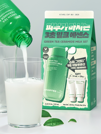 슈퍼 그린티™와 그린티 세라마이드가 함유된 포뮬러로 3초면 강력 속보습 완성. 피부 장벽 개선은 물론 메이크업 밀착력도 UP 시켜주는 신개념 밀크 텍스쳐, 토너팩으로도 추천! 민감성 피부도 사용 가능한 저자극 에센스, 이니스프리 신제품 그린티 밀크 보습 에센스