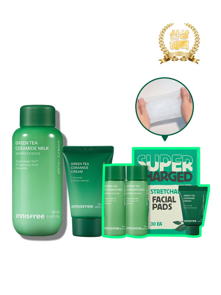 슈퍼 그린티™와 그린티 세라마이드가 함유된 포뮬러로 3초면 강력 속보습 완성. 피부 장벽 개선은 물론 메이크업 밀착력도 UP 시켜주는 신개념 밀크 텍스쳐, 토너팩으로도 추천! 민감성 피부도 사용 가능한 저자극 에센스, 이니스프리 신제품 그린티 밀크 보습 에센스