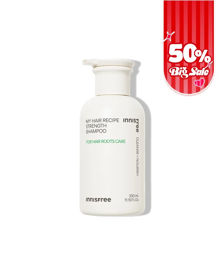 식물유래 계면활성제를 함유해 두피를 시원하고 개운하게 딥 클렌징 해주는 샴푸. 인삼추출물로 모근에 영양을 더하고 측백나무씨추출물로 건강한 두피 케어를, 생강추출물로 약해진 모발 강화까지 완성. 안자극 대체 테스트와 9무첨가로 더욱 깐깐한 샴푸. 이니스프리 마이 헤어 레시피 스트렝스 샴푸