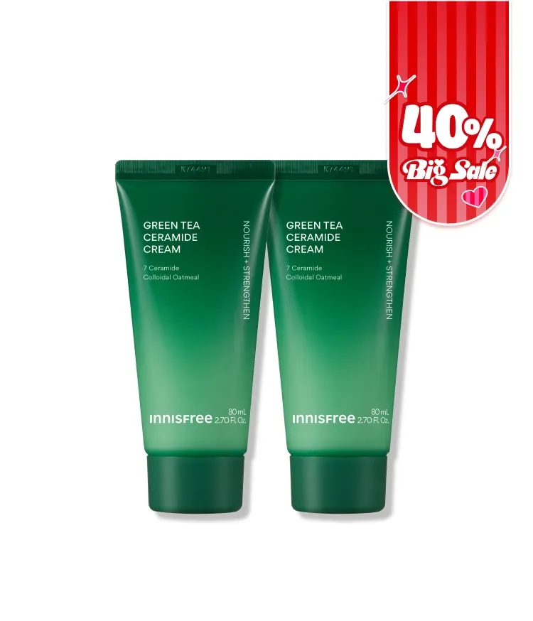 강력한 속보습 에너지 충전! 뭘 해도 건조하다면 바르자마자 부드럽게 스며드는 이니스프리 그린티 버터 보습크림 슈퍼 그린티™가 깊은 보습감을 채워주고, 그린티 세라마이드가 손상된 피부 장벽을 편안하게 감싸주는 이니스프리 대표 저자극 고보습 크림