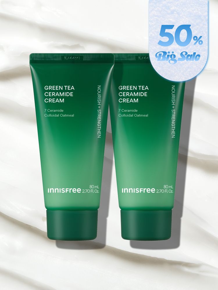 강력한 속보습 에너지 충전! 뭘 해도 건조하다면 바르자마자 부드럽게 스며드는 이니스프리 그린티 버터 보습크림 슈퍼 그린티™가 깊은 보습감을 채워주고, 그린티 세라마이드가 손상된 피부 장벽을 편안하게 감싸주는 이니스프리 대표 저자극 고보습 크림