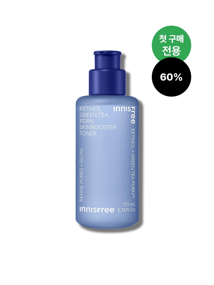 첫 단계부터 만드는 매끈광 피부결. 스킨케어 첫 단계부터 남다른 속광으로 매끈 광채 부스팅해주는 토너! 순수 레티놀과 그린티 PDRN™의 강력한 시너지로 겉과 속을 동시에 채우는 이니스프리 레티놀 PDRN 스킨부스터 토너, 탄력과 주름 개선, 보습까지 동시에 잡는 집중케어!