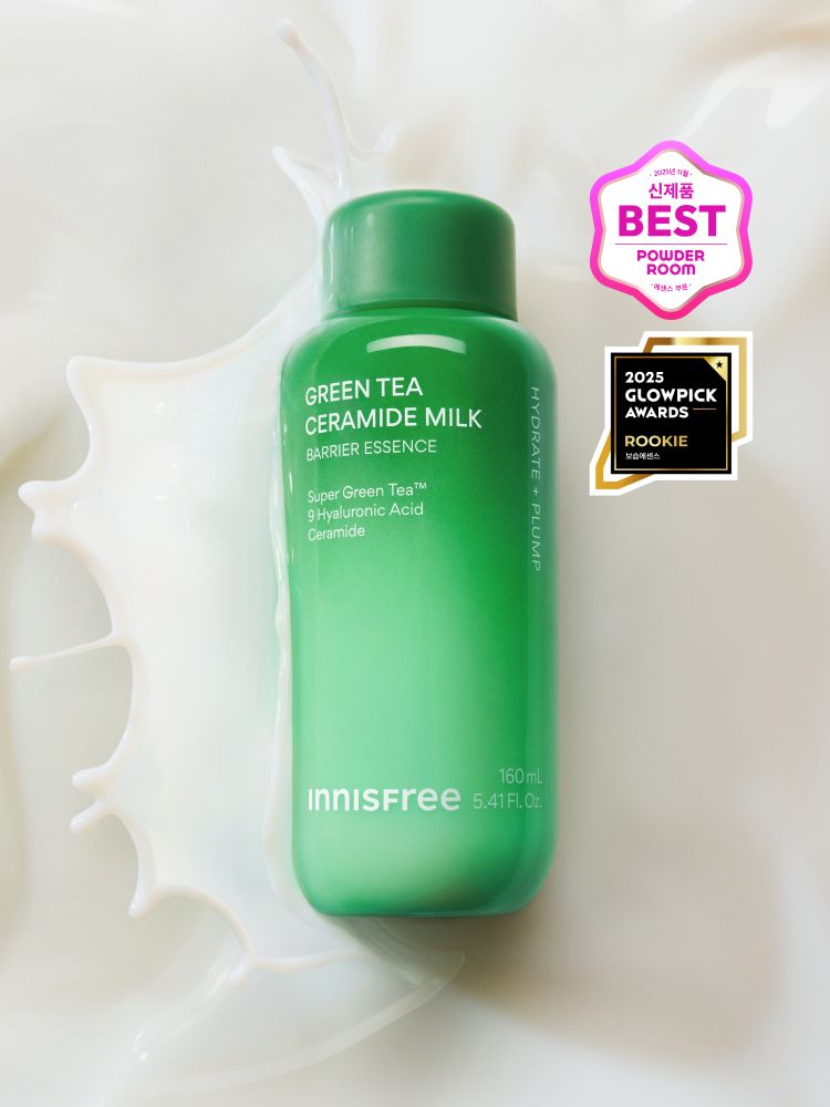 슈퍼 그린티™와 그린티 세라마이드가 함유된 포뮬러로 3초면 강력 속보습 완성. 피부 장벽 개선은 물론 메이크업 밀착력도 UP 시켜주는 신개념 밀크 텍스쳐, 토너팩으로도 추천! 민감성 피부도 사용 가능한 저자극 에센스, 이니스프리 신제품 그린티 밀크 보습 에센스