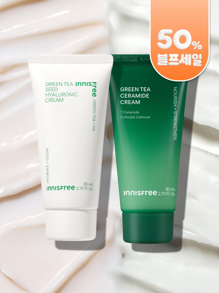 강력한 속보습 에너지 충전! 뭘 해도 건조하다면 바르자마자 부드럽게 스며드는 이니스프리 그린티 버터 보습크림 슈퍼 그린티™가 깊은 보습감을 채워주고, 그린티 세라마이드가 손상된 피부 장벽을 편안하게 감싸주는 이니스프리 대표 저자극 고보습 크림