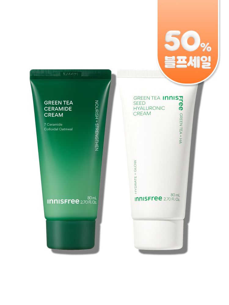 강력한 속보습 에너지 충전! 뭘 해도 건조하다면 바르자마자 부드럽게 스며드는 이니스프리 그린티 버터 보습크림 슈퍼 그린티™가 깊은 보습감을 채워주고, 그린티 세라마이드가 손상된 피부 장벽을 편안하게 감싸주는 이니스프리 대표 저자극 고보습 크림