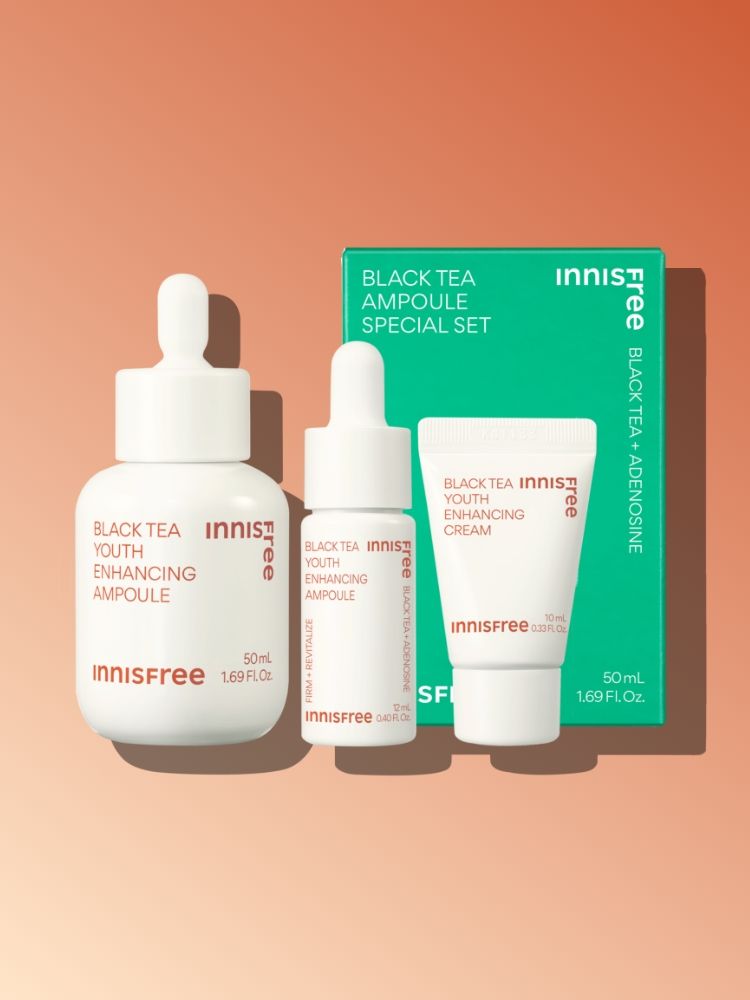복합적인 피부고민과 지친 피부 컨디션을 빠르게 케어해주는 집중 안티에이징 항산화 앰플. 리셋 컨센트레이트, 히알루론산, 스쿠알란 함유되어 보습과 수분 동시에 충전. 피부톤, 광채, 윤기, 피부결, 탄력 개선되어 쫀쫀한 피부 완성. 피부과 테스트 하이포알러제닉테스트 완료하여 민감성 피부도 사용가능한 이니스프리 블랙티 유스 인핸싱 앰플 대용량 스페셜 기획 세트